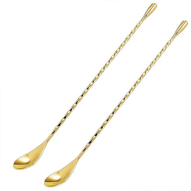 DIFENLUN 12 Inches Mixing Spoon Stainless Steel, 2 Pack Spiral Pattern Bar Spoon for Cocktail Shaker Tall Cups(Gold)