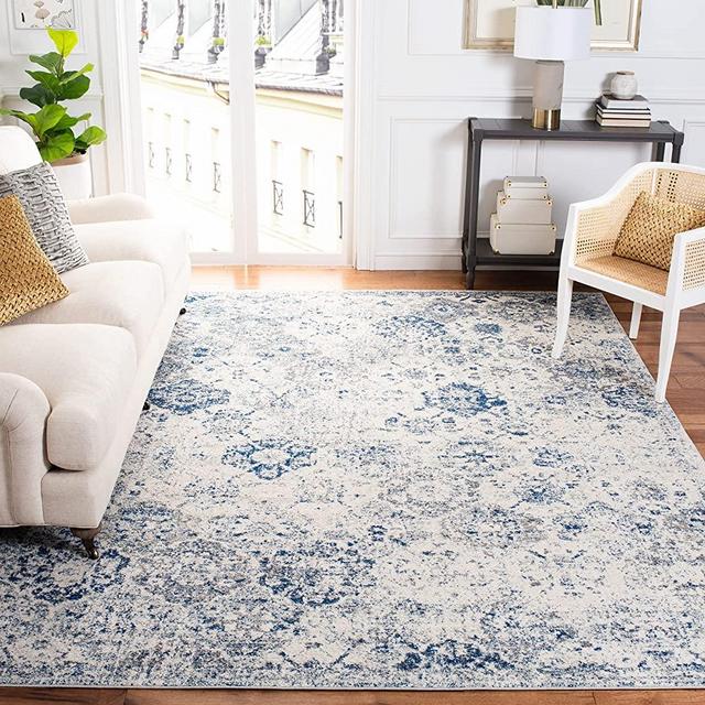 SAFAVIEH Madison Collection 6'7" x 9'2" White / Royal Blue MAD611C Boho Chic Floral Medallion Trellis Distressed Non-Shedding Living Room Bedroom Dining Home Office Area Rug