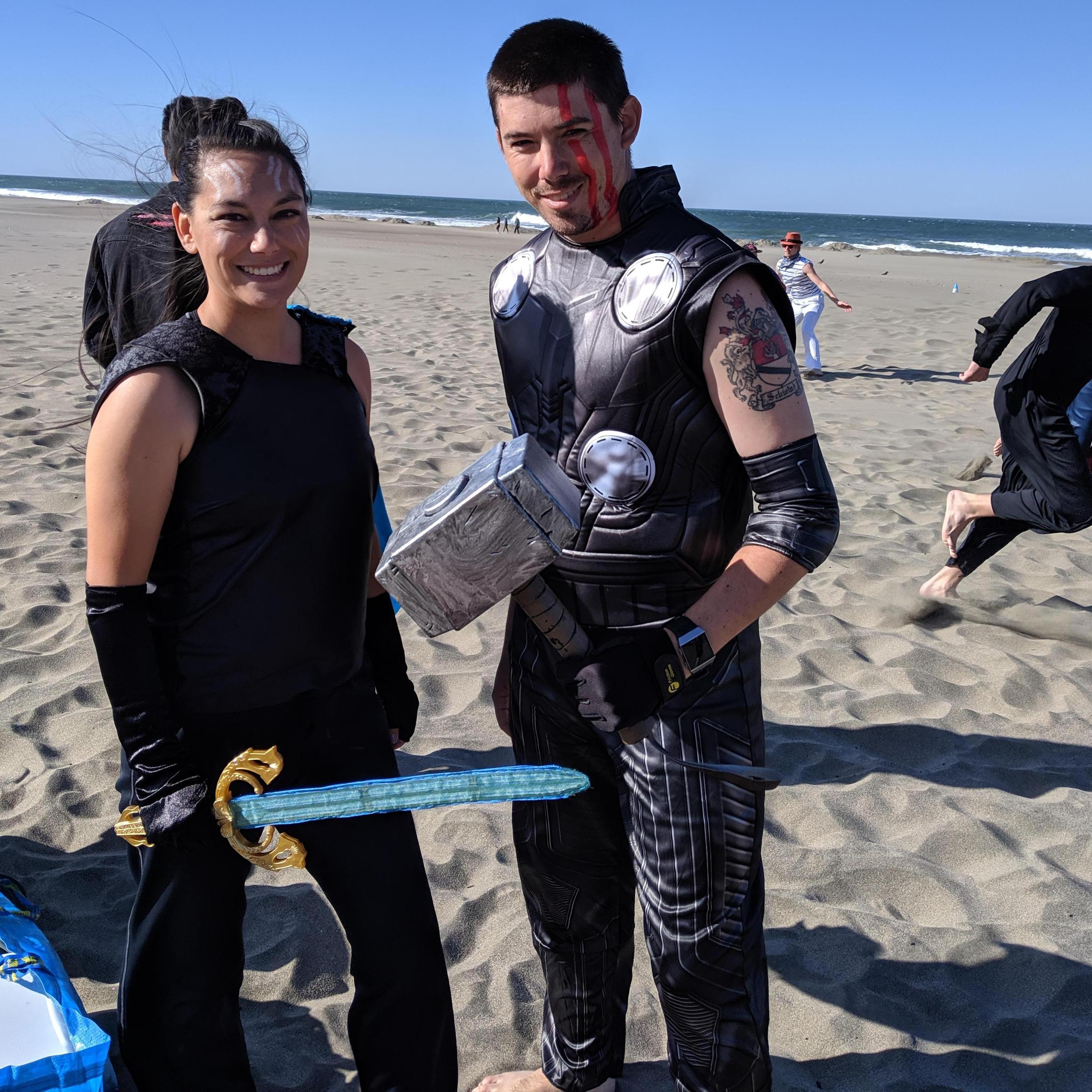 Start of the day at Halloween Huck (pre proposal). Costumes: Marvel's Thor and Valkyrie - October 2019