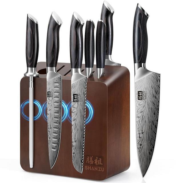 SHAN ZU Kitchen Knife Set with Double Sided Magnetic Knife Block, 7PCS Knives Block Sets in Powder Steel Ultra Sharp Japanese Knife Sets with Sharpening Steel Chef Knives Set with Pakkawood Handle