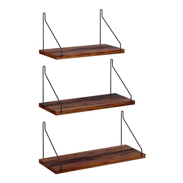 SONGMICS Set of 3 Wall Shelves, Floating Shelf, Decorative Shelves, for Living Room Kitchen Hallway, Max. Capacity 22 lb for Each, Different Length 15.7, 13.8, 11.8 Inches, Brown and Black ULWS48NB