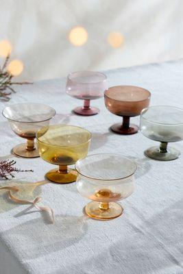 Footed Glass Coupes, Set of 6 Ambers + Pinks