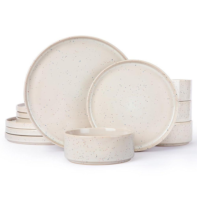 Famiware Nebula Plates and Bowls Sets, 12 Pieces Dinnerware Sets, Dishes Set for 4, Creamy White with Colorful Speckles