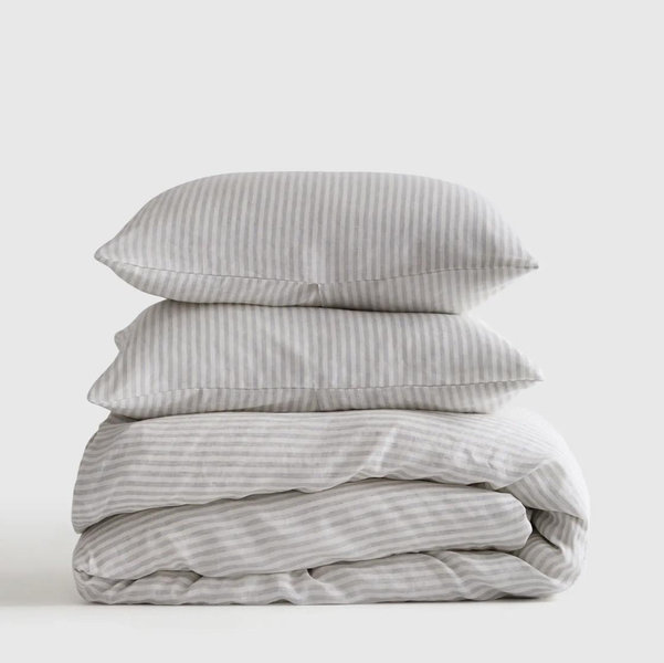 Linen Duvet Cover Set | Quince in Mist/White Stripe Queen