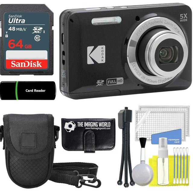 Kodak PIXPRO FZ55 Black 16MP Digital Camera 5X Optical Zoom 28mm Wide Angle 1080P Full HD Video 2.7" LCD Camera + 64GB Card and Reader + Case + Memory Wallet + Tripod + Cleaning Bundle