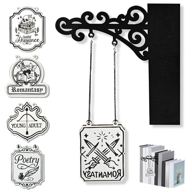 ZMJY Set of 5 Custom Book Genre Dividers - Decorative Hanging Shelf Signs with Chains for Home Library, Bookshelf Organization & Reading Corner Decor, Easy Mount Tavern Style Bookcase Labels