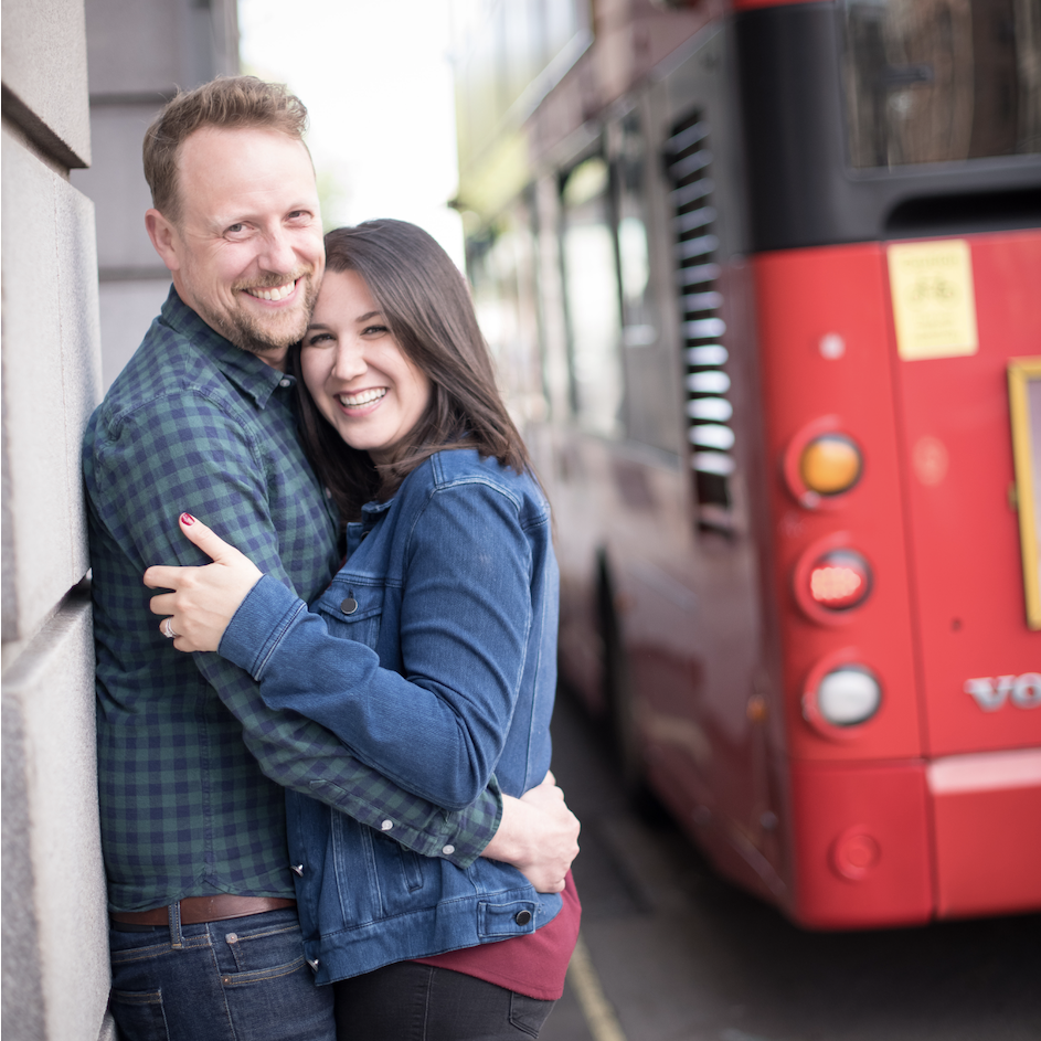Clinging to the wall, and each other, to avoid a London bus during our "Engagement" shoot