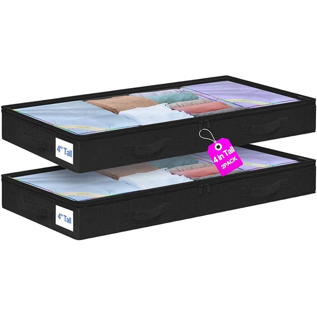 punemi Under Bed Storage Containers, Below 4 Inches Tall Low Profile Foldable Under Bed Storage,No Structure, Soft Fabric Blanket Storage and Clothing Storage with Zipper, 2 Pack, 20x40x3.7in, Black