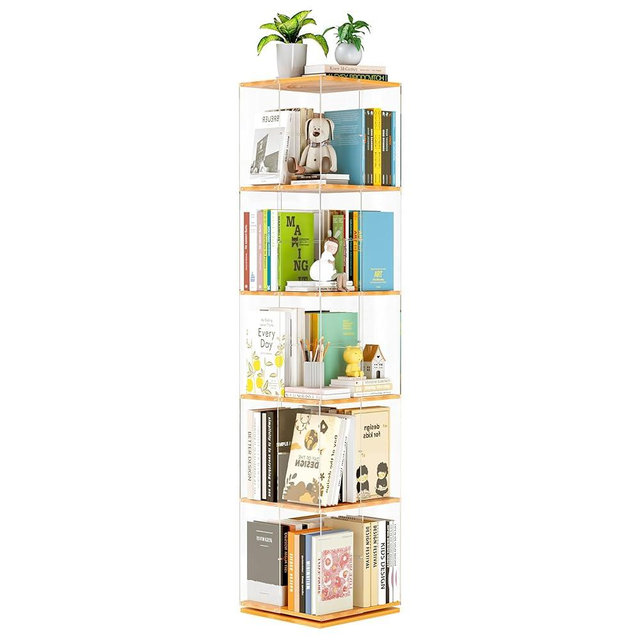 TAKEKIT 5-Tier Rotating Bookshelf, 360° Spinning Book Shelf Tower with Solid Wood & Clear Acrylic, Square Revolving Bookcase for Kids Room, Living Room, Bedroom and Office