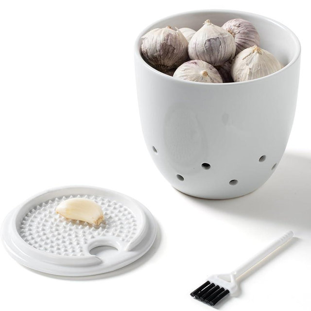 Unilives Garlic Keeper, Garlic Storage Container with Ginger Grater Plate, Ceramic Garlic Holder with Lid and Brush