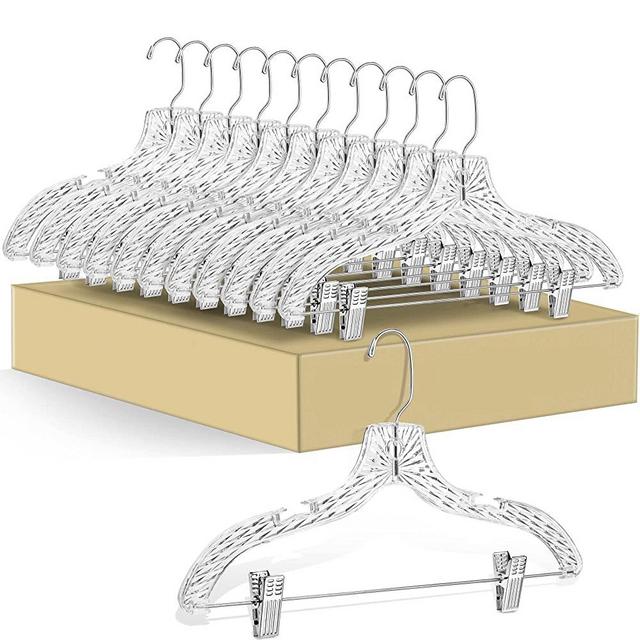 12 Quality Hangers Clear Skirt/Pant Hangers 12 Pack - Crystal Cut Hangers for Clothes - Durable Plastic Hanger Set - Dress Hangers with Clips - Heavy Duty Hangers - Nonslip Coat Suit and Shirt Hangers