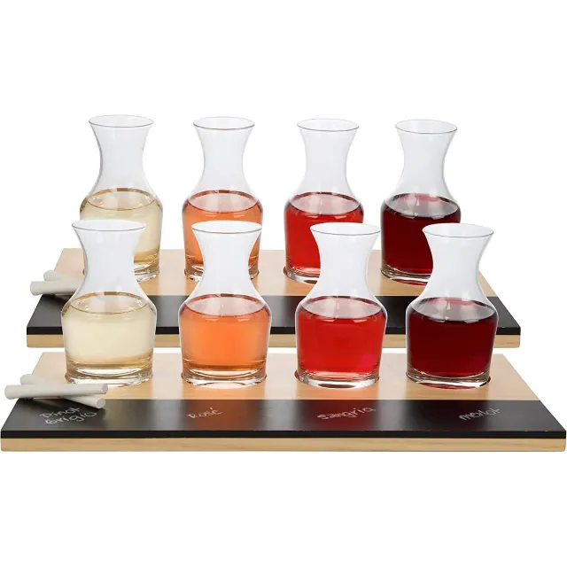 D'Eco Wine Tasting Flight Sampler Set -2 pack- Eight 6 oz Decanter Glasses with 2 Wood Paddles and 2 Chalkboards - Great Valentine's Day Gift