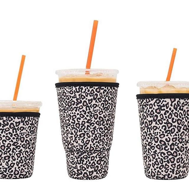3 Pack Reusable Iced Coffee Sleeves - LOVAC Insulator Sleeve for Cold Beverages, Neoprene Cup Holder for Starbucks Coffee, Dunkin Coffee，More (Leopard print)