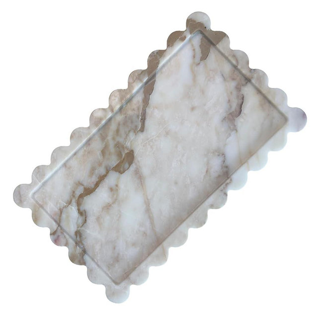 13.4 x 8 inch Large Marble Tray with Scalloped Edge, Rectangle Decorative Tray for Dresser Home Decor (Calacatta Gold)