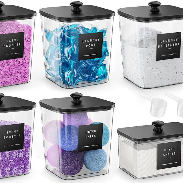 Moforoco 5+1Pack Laundry Pods Container, Clear Laundry Room Organization Containers,Large Detergent Powder Storage, Black Wooden Lids & Labels, Acrylic Pods Holder
