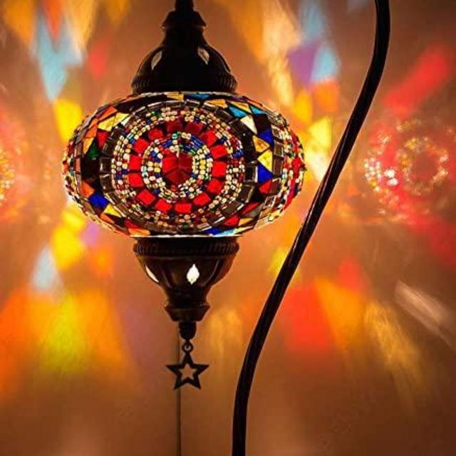 Turkish Moroccan Mosaic Table Lamp with US Plug & Socket, Swan Neck Handmade Desk Bedside Table Night Lamp Decorative Tiffany Lamp Light, Antique Color Body (28)