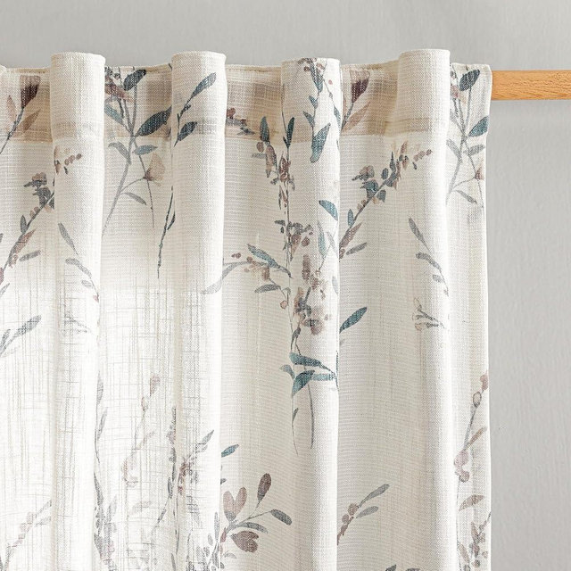 MYSKY HOME Sheer Curtains 84 inches Long 2 Panels for Living Room Window Farmhouse Flax Linen Curtains & Drapes with Light Filtering Privacy Added Floral Printed Classical for Home Decor, Navy Blue