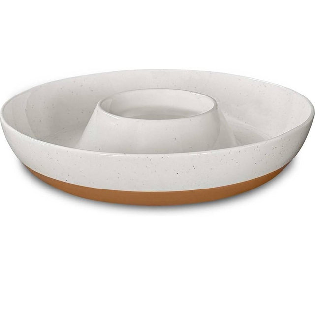 Mora Ceramic Chips and Dip Serving Tray: Large Divided Party Bowl Set for Chips & Salsa, Veggies & Dip, Fruit, Snacks, Entertaining, Hosting, etc. Minimalist Design for the Modern Hostess - White