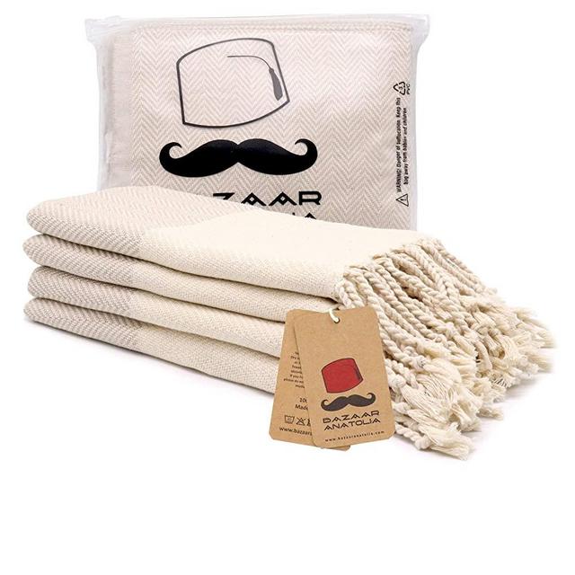 Turkish Hand Towel Set of 4 Herringbone Peshtemal Towel 100% Cotton 45x20 Light Weight Thin Quick Dry Hand Bath Hair Gym Face Tea Kitchen Dishcloth Set Decorative Bathroom Towel (Cream)