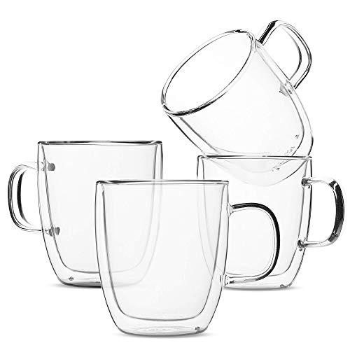 BTäT- Insulated Coffee Mugs, Glass Tea Mugs, Set of 4 (12 oz, 350 ml), Double Wall Glass Coffee Cups, Tea Cups, Latte Cups, Glass Coffee Mug, Beer Glasses, Latte Mug, Clear Mugs, Glass Cappuccino Cups