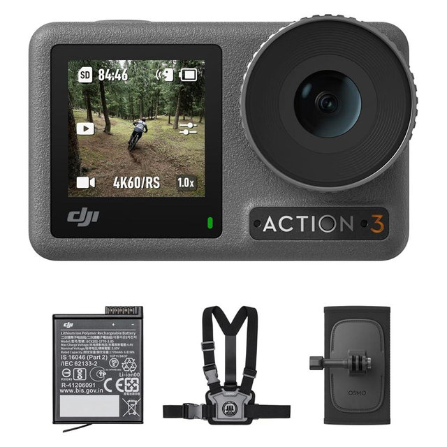 DJI Osmo Action 3 Outdoor Combo - 4K/120fps Action Camera with Chest & Backpack Strap Mount for Hiking and Cycling, Super-Wide FOV, HorizonSteady, Cold Resistant & Up to 320 Mins with 2 Batteries