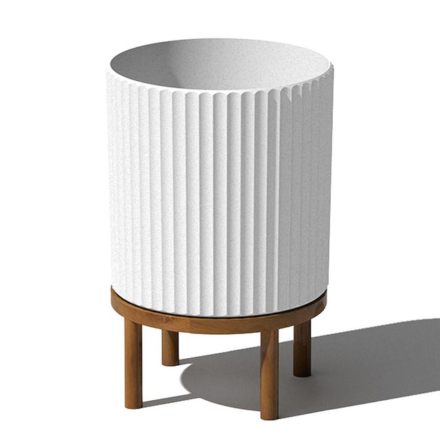 Veradek Demi Series Round Planter w/ Stand for Porch/Patio | Durable Plastic-Concrete & Wooden Stand | Modern Décor for Tall Plants, Flowers