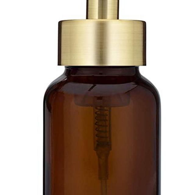 Rail19 Amber Glass Apothecary Foaming Soap Dispenser with Metal Pump - for Kitchen and Bathroom Countertop, 8.5oz (Gold)