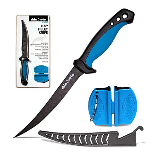 Rhinoreto Fish fillet knife. Flexible, stainless steel blade. Filet knifes for fish with sheath and sharpener. (6.5)