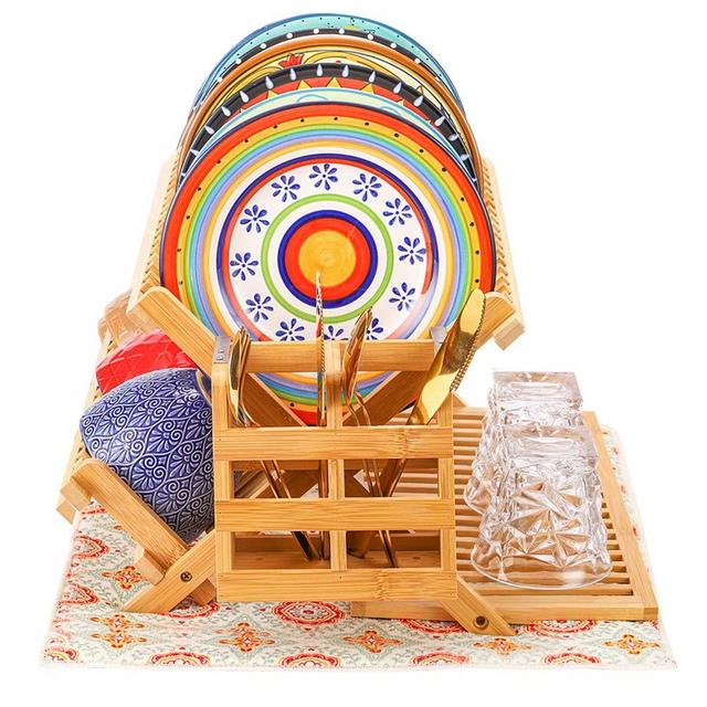 ZUHAUSIGER Dish Rack, Dish Drying Rack Large, 3 Tier Bamboo Dish Holder, Collapsible Dish Drying Holder, Dish Drainer with Utensil Holder, Dish Organizer, Foldable, Large, Drying Mat included