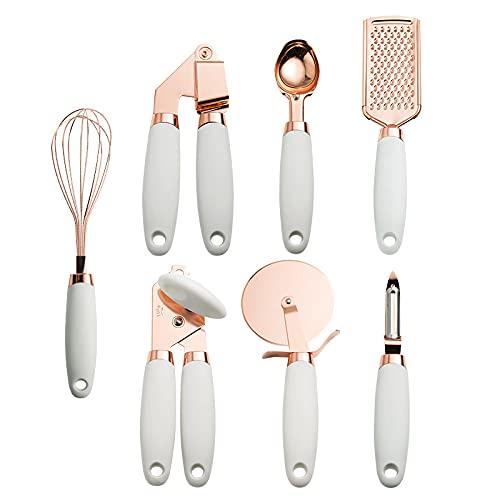 INSETLAN 7PCS Kitchen Tools and Gadgets, Cooking Stainless Steel Nonstick Utensils Set, Rose Gold Kitchen Accessories with Silicone Anti-Slip Handles, Copper Kitchen Accessories Tools (White)
