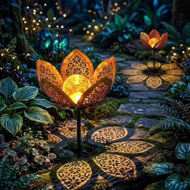 Solar Powered Lotus Garden Light, Metal Floral Lantern, Outdoor Bohemian Decor