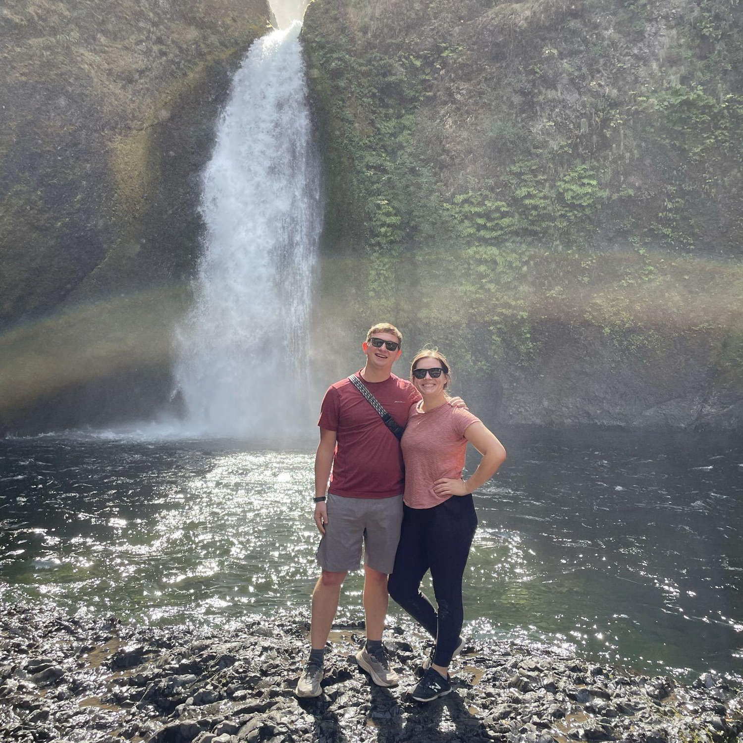 Love this shot waterfall and rainbow shot captured on a hike in the mountains in Oregon.