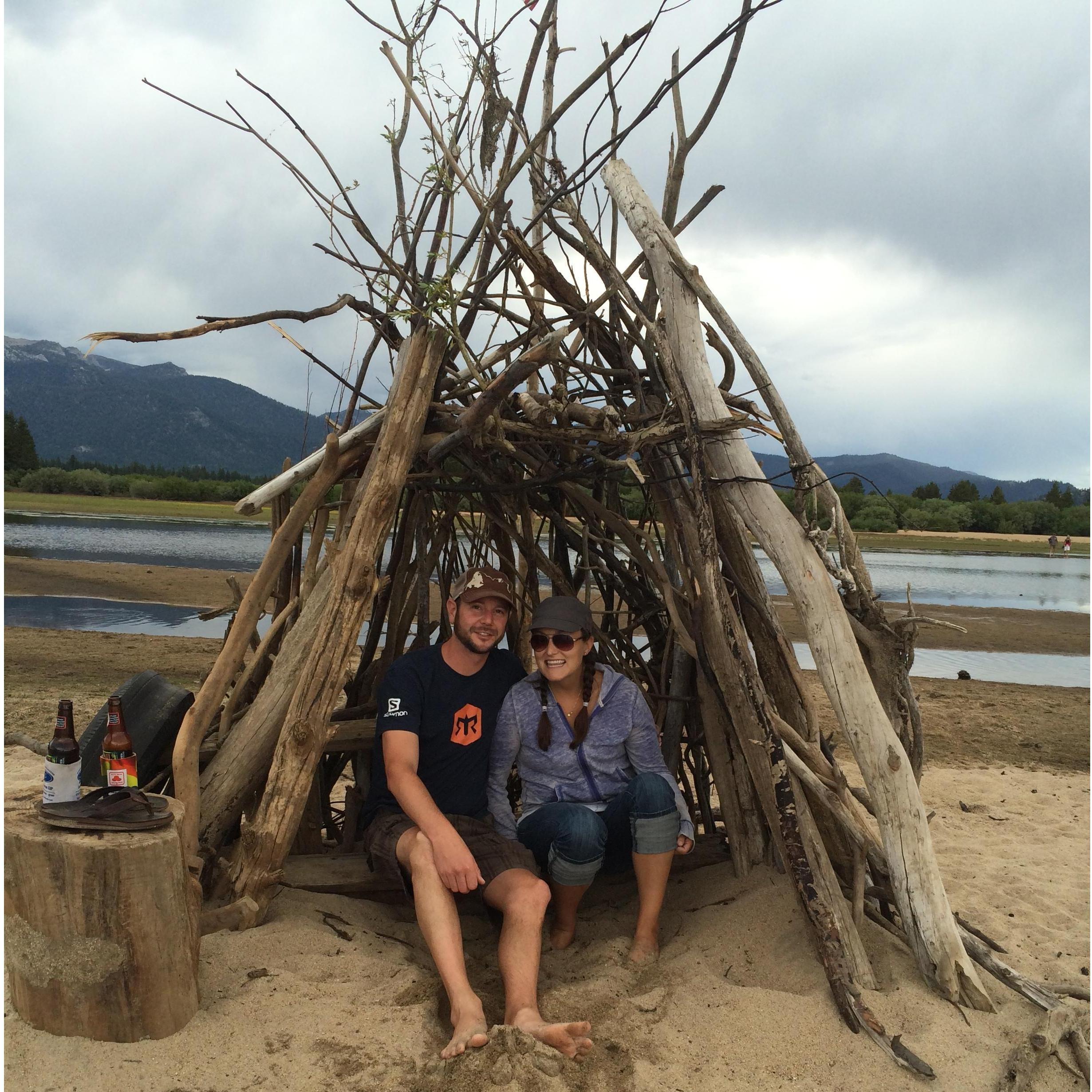 Makeshift fort at Cove East Beach - we did not build it, but it made for a good photo op!