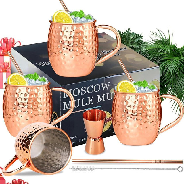 Moscow Mule Copper Plated Mugs Moscow Mule Cups Kit 19oz Set of 4 with Handle Large Hammered Stainless Steel Cups with 0.5oz Double Jigger, Stainless Steel Straws for Cold Drinks Cocktails Wine