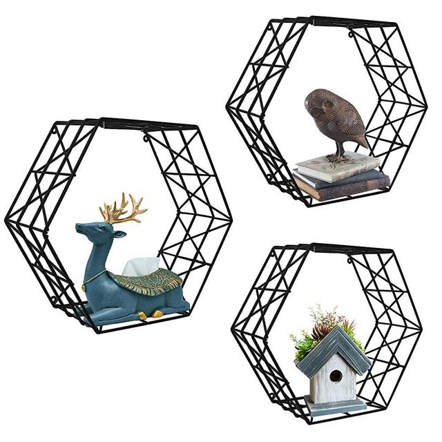 ERYTLLY Hexagon Floating Shelves Bathroom Wall Shelves for Bedroom Metal Wall Mounted Shelves for Living Room, Black Floating Shelves - Set of 3 Shelves for Wall
