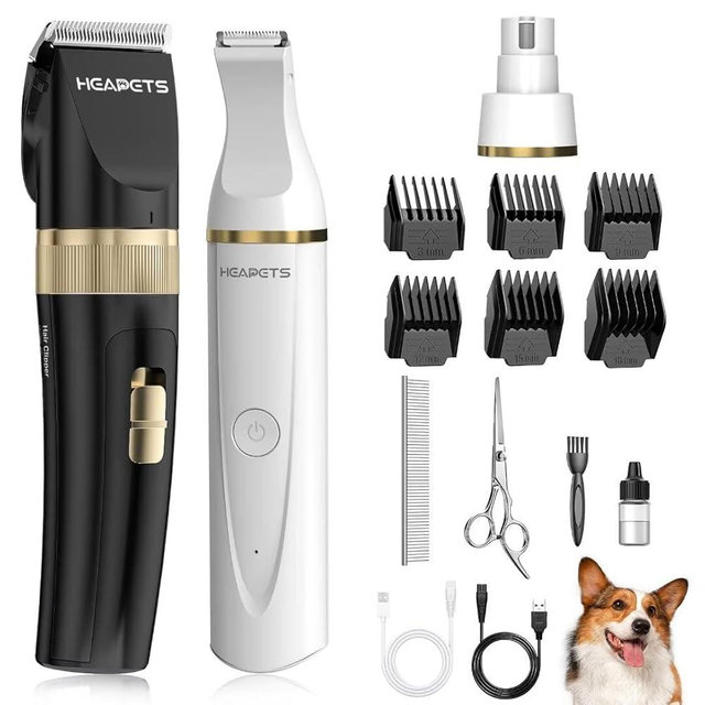 HEAPETS Dog Hair Clippers for Grooming Kit and Dog Paw Trimmer Nail Grinder for Grooming, Low Noise Rechargeable Cordless, Shaver Grooming Supplies for Pet Cats Dogs (Black, White)