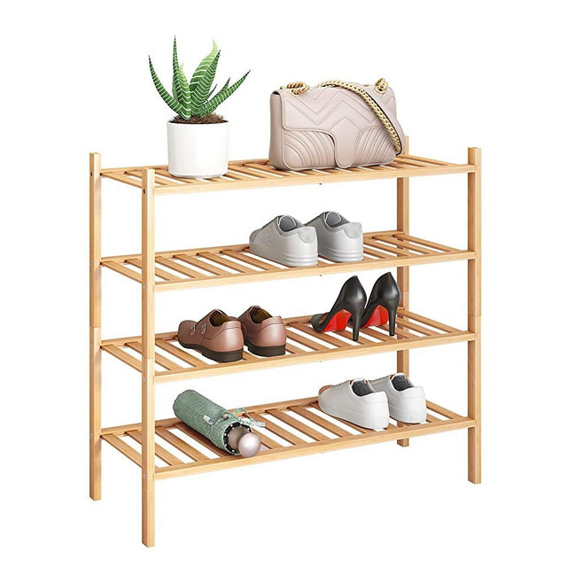 BMOSU 4-Tier Bamboo Shoe Rack Premium Stackable Shoe shelf Storage Organizer For Hallway Closet Living Room Entryway Organizer (Natural Bamboo)