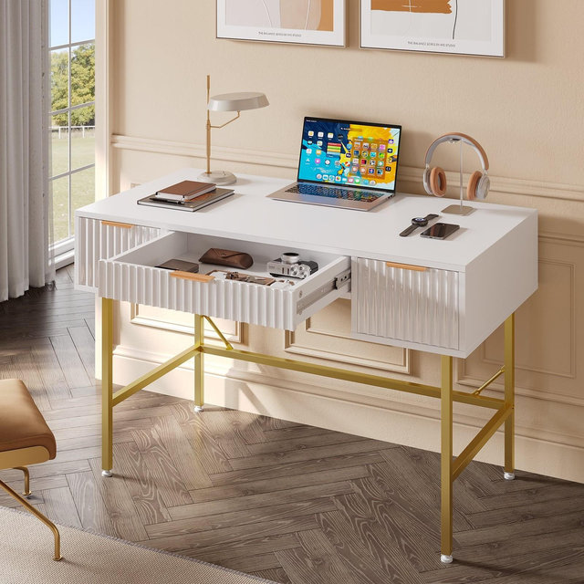 Bestier 47 Inch Fluted Computer Desk with Storage, Fluted Vanity Makeup Desk, White