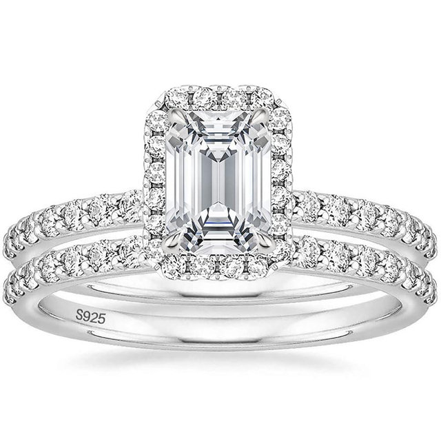 EAMTI 2CT 925 Sterling Silver Bridal Ring Sets Emerald Cut CZ Engagement Vintage Promise Rings Wedding Bands for Women Size 3-12