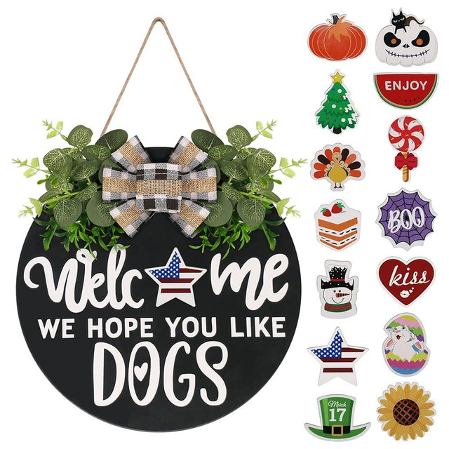 Interchangeable Wooden Seasonal Welcome Sign, Rustic Round Dogs Sign Front Door Wreaths for Home/Wall/Porch Decor, for Easter Spring Summer Fall Halloween Christmas All Season Decorations