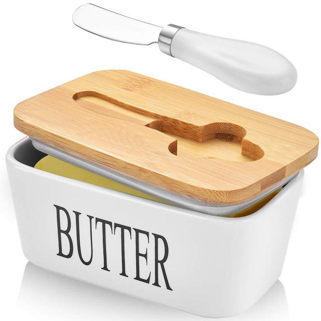 Large Butter Dish with Lid Ceramic Butter Keeper with knife, Double Silicone Seals, Easy Clean, Butter Dishes with Covers Perfect for 2 Sticks of Butter West or East Coast Butter, White