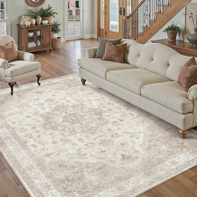 PureCozy Beige Area Rug 7x9 Washable Living Room Carpet Vintage Non Slip Soft Bedroom Indoor Office Retro Low Pile Thin Oriental Medallion Large Rug for Dining Room Playroom