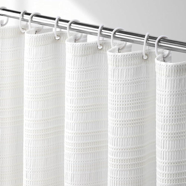 NDDYCU White Shower Curtain,Cotton Fabric Boho Textured with Stripe Fabric Shower Curtains for Bathroom, 72" W x 72" L