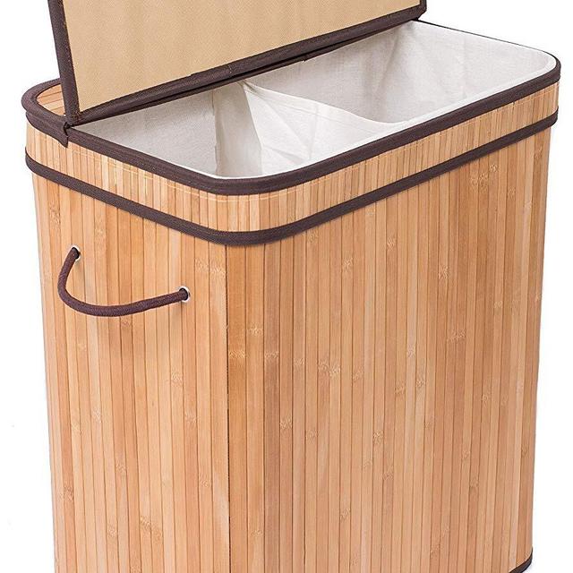 BirdRock Home - BIRDROCK HOME Double Laundry Hamper with Lid and Cloth Liner | Bamboo | Natural | Easily Transport Laundry Basket | 2 Section Collapsible Hamper | String Handles