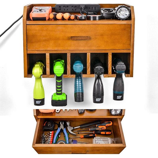 Power Tool Organizer Storage - Garage Organizer Drill Charging Station - Wooden Cordless Drill Holder Rack Wall Mount with Drawer(Brown)
