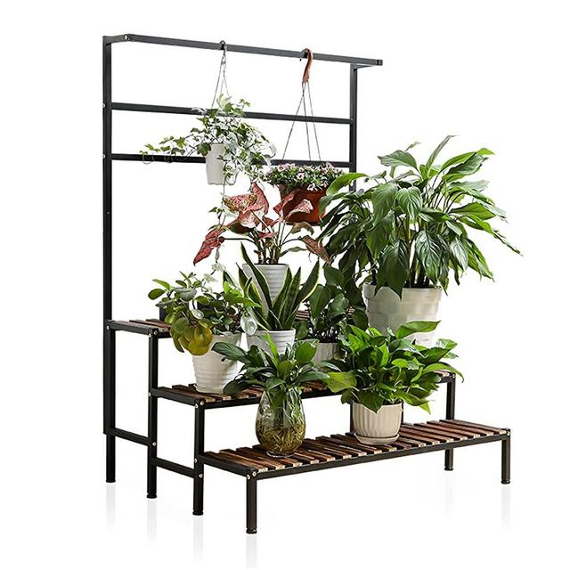 NANKINGFANGAO 3 Tier Hanging Plant Stand Plant Shelf, Tall Plant Stand Outdoor Indoor Steel-Wood Plant Shelves Metal Frame, Suitable for Terrace Garden Corner Balcony, Living Room Storage 