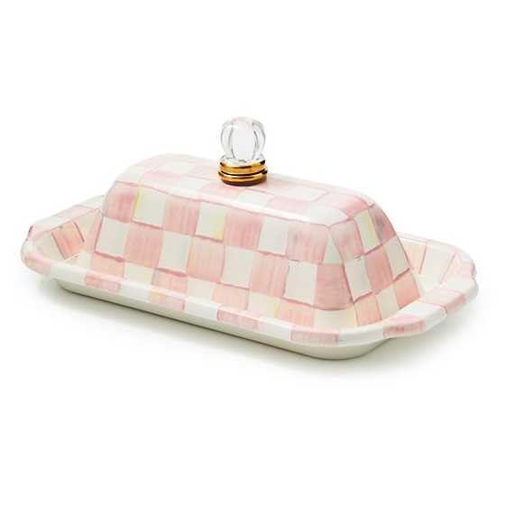 MACKENZIE-CHILDS Enamel Butter Box, Cute Lidded Enamel Butter Dish, Pink-and-White Rosy Check