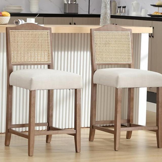 CIMOTA Counter Height Bar Stools Set of 2 Rattan Farmhouse Barstools Mid Century Modern Bar Chairs Upholstered Kitchen Stools with Wood Legs for Island/Dining Room, Linen Beige 26.5In