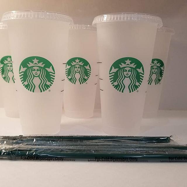 Starbuck 5 Pack Bundle - Reusable Frosted 24 oz Cold Cup with Lid and Green Straw w/Stopper