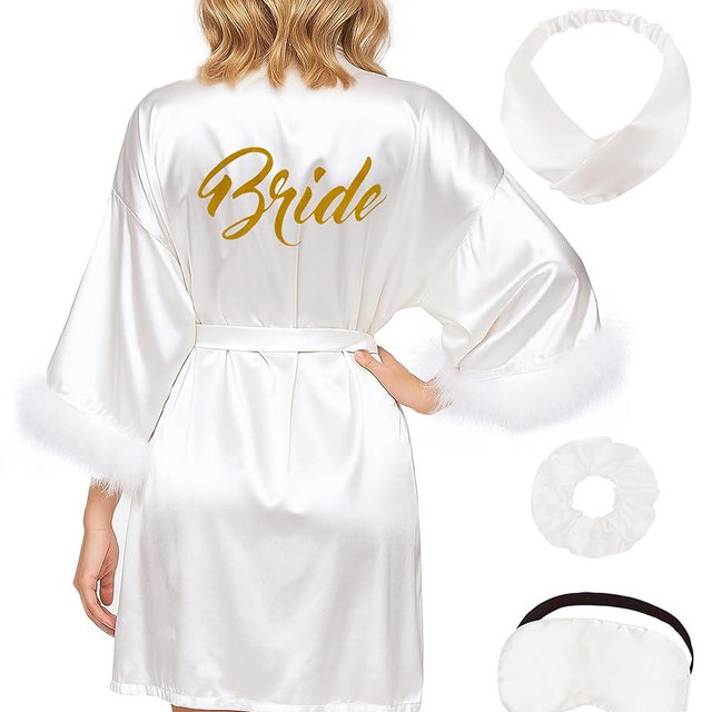 EPLAZA Bride Robe for Wedding Day Bridal Robes Feather Sleeve Satin Kimono Robes Bachelor Party Getting Ready Outfits